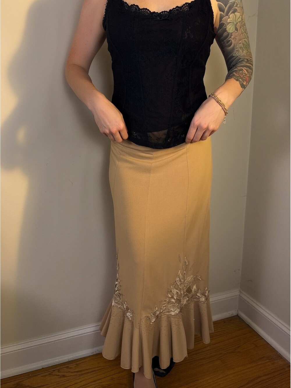 Maitai Y2K Beige Rhinestone Floral Mermaid Maxi Skirt M
